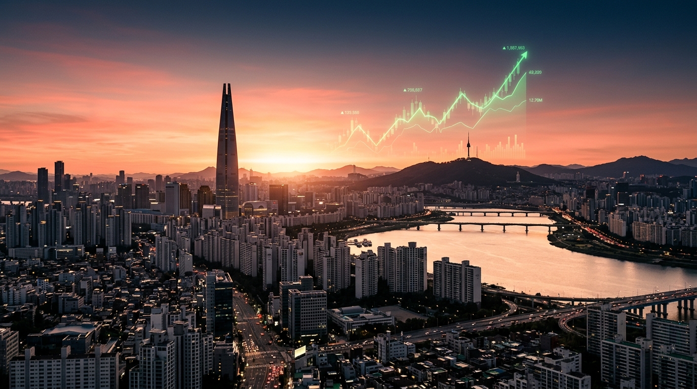 서울 스카이라인 위로 떠오르는 KOSPI 차트